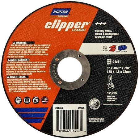 NORTON CLIPPER Clipper Classic A AO Series Cutoff Wheel, 5 in Dia, 0045 in Thick, 78 in Arbor 70184601456